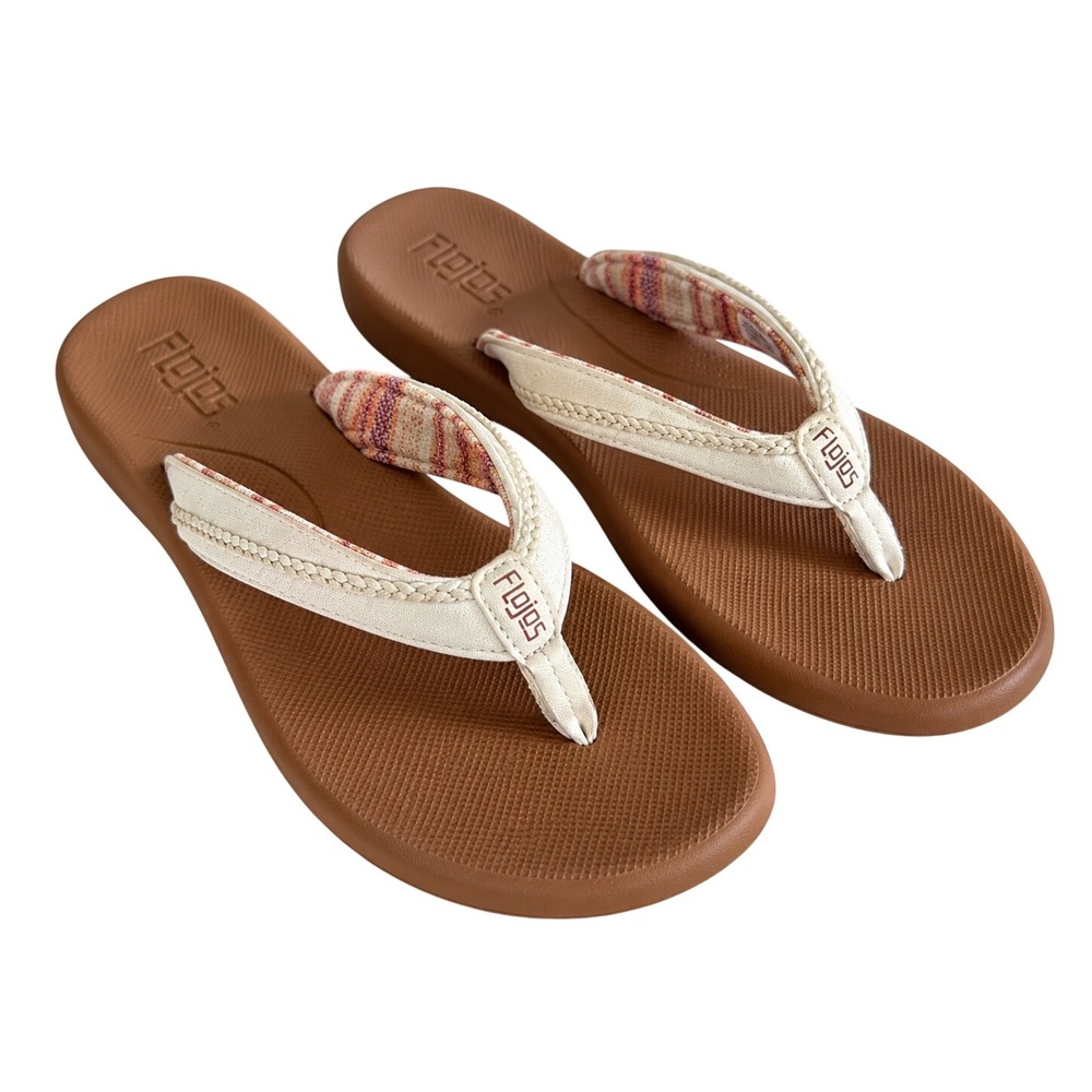Flojos Women's Flip Flop Sandals Size 6 Cream Woven Strap Brown Floral Sole